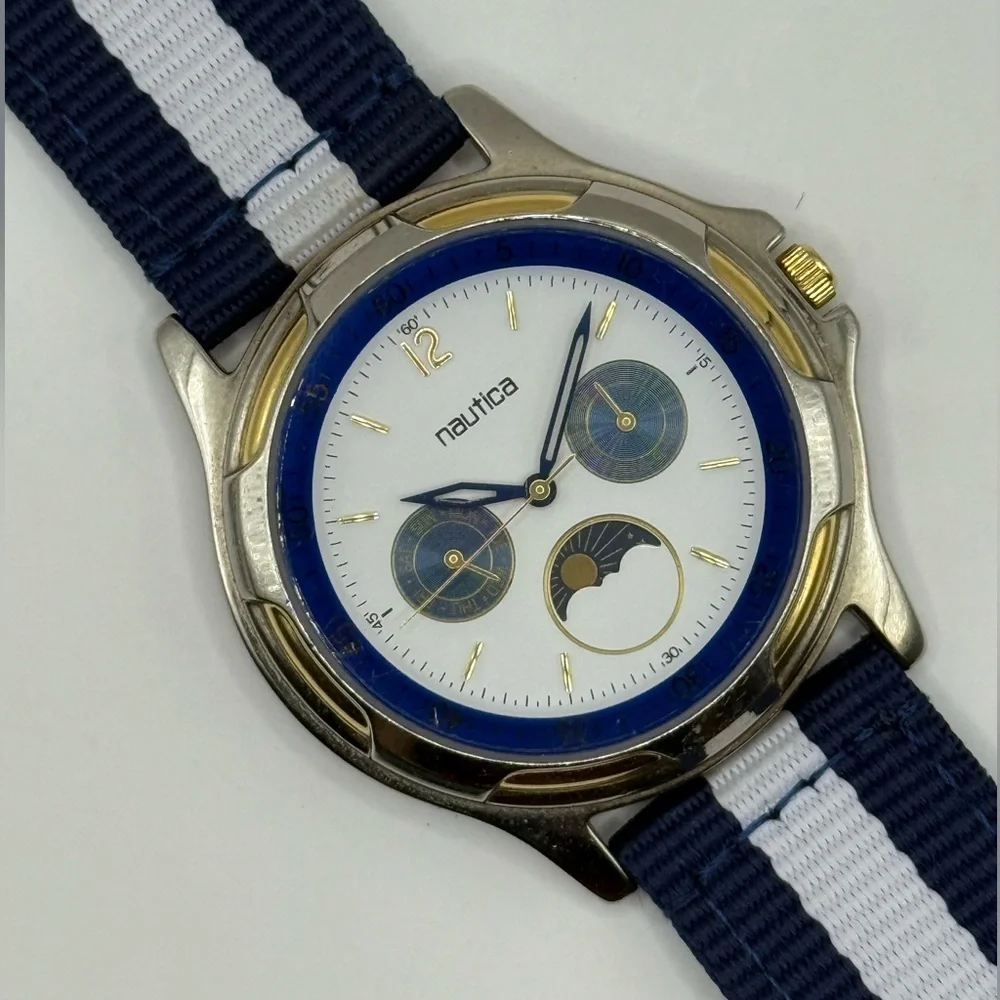 Nautica Vintage Moon Phase Watch 39mm Unisex Blue White Nylon Band (New Battery)